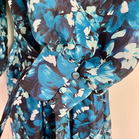 Badgley Mischka Blue Print Puff Sleeve Gown, Size 10 (NWT) - Picture 5 of 11